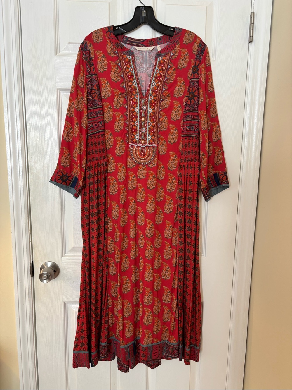 Soft Surroundings Red Paisley Embroidered Maxi Dress Mediun